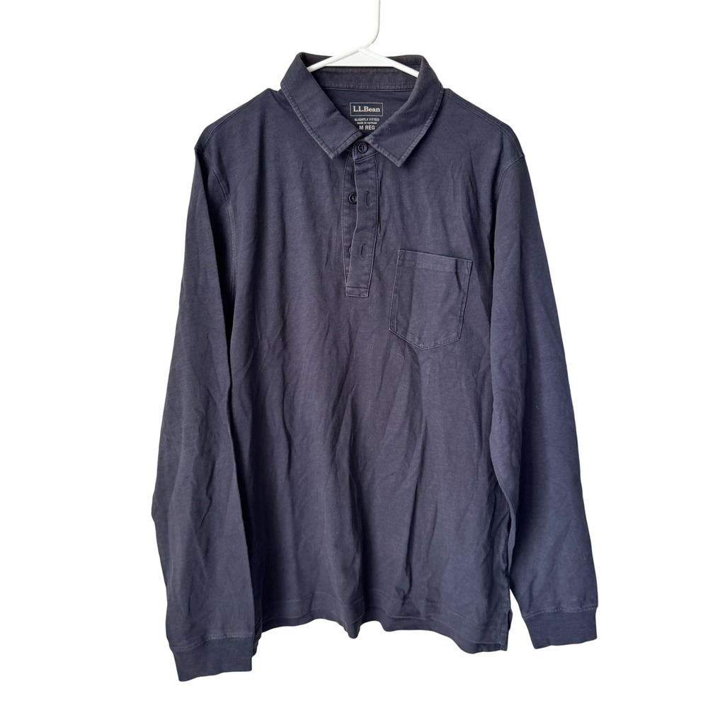 LL Bean Mens Navy Blue Long Sleeve Polo Shirt Slightly Fitted M REG Slub Cotton‎